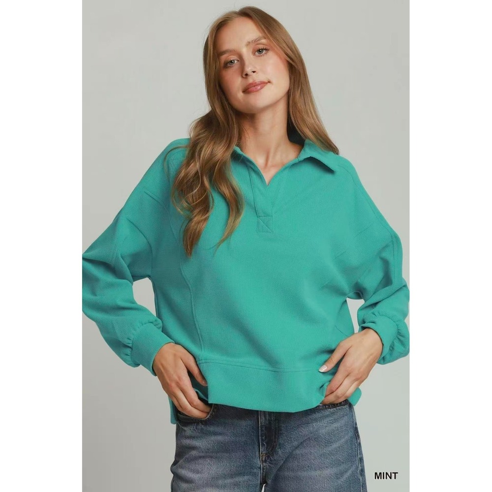 Umgee Brushed Waffle Polo Collared Pullover - Small